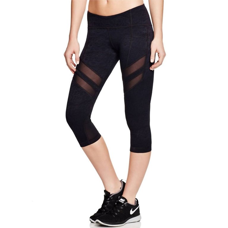 Elastic Waist Solid Mesh Trim Active Capri Leggings In Black - Black