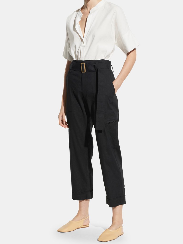 Belted Linen Pant  - Black