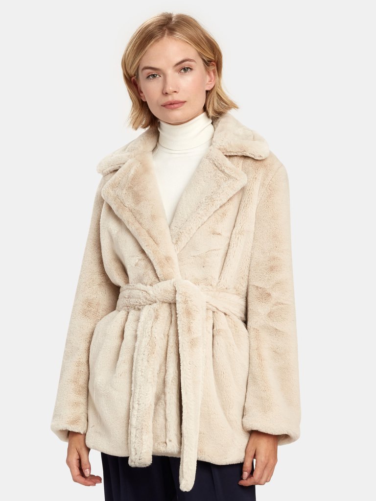 Belted Plush Faux Fur Coat  - Pearl