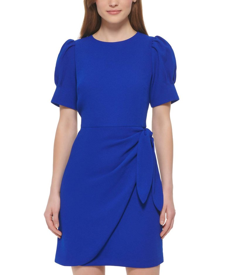 Crepe Novelty Sleeve Wrap Tie Dress - Cobalt