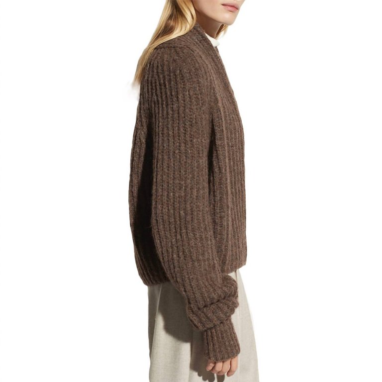 Cropped Rib Cardigan In Heather Bark