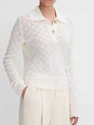 Italian Wool-Blend Lace-Stitch Polo Sweater In Off White