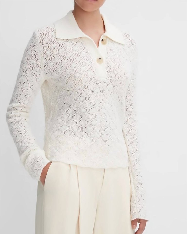 Italian Wool-Blend Lace-Stitch Polo Sweater In Off White
