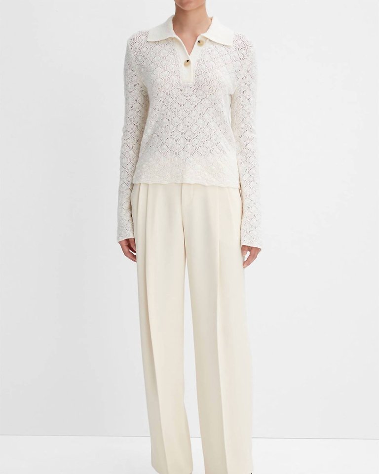 Italian Wool-Blend Lace-Stitch Polo Sweater In Off White - Off White