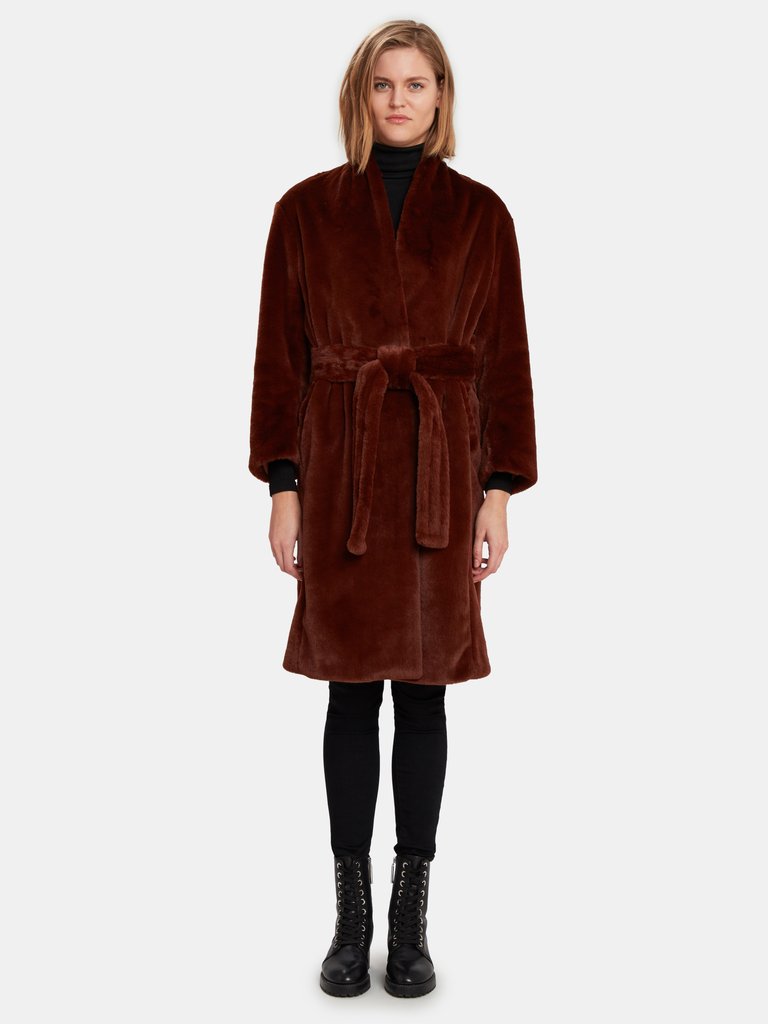 Long Plush Faux Fur Coat - Mahogany