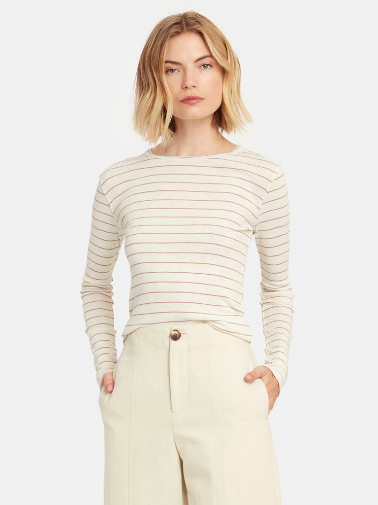 Long Sleeve Stripe Crewneck T-Shirt - White/Dune