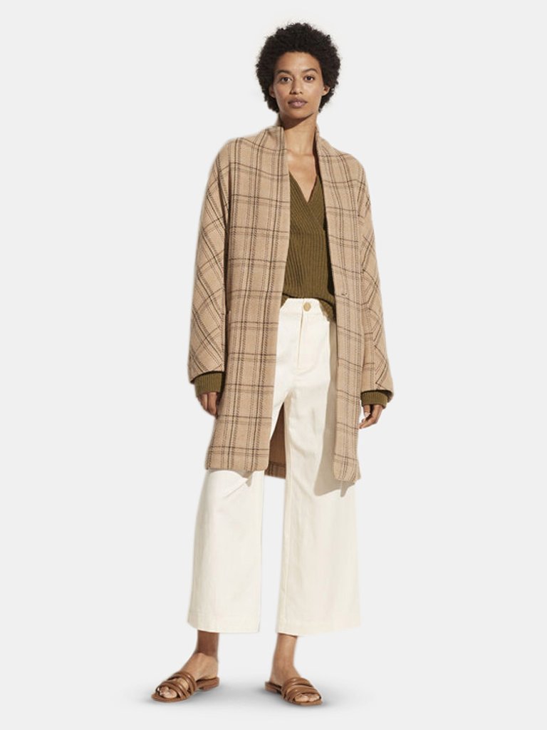 Plaid Collarless Coat - Camel