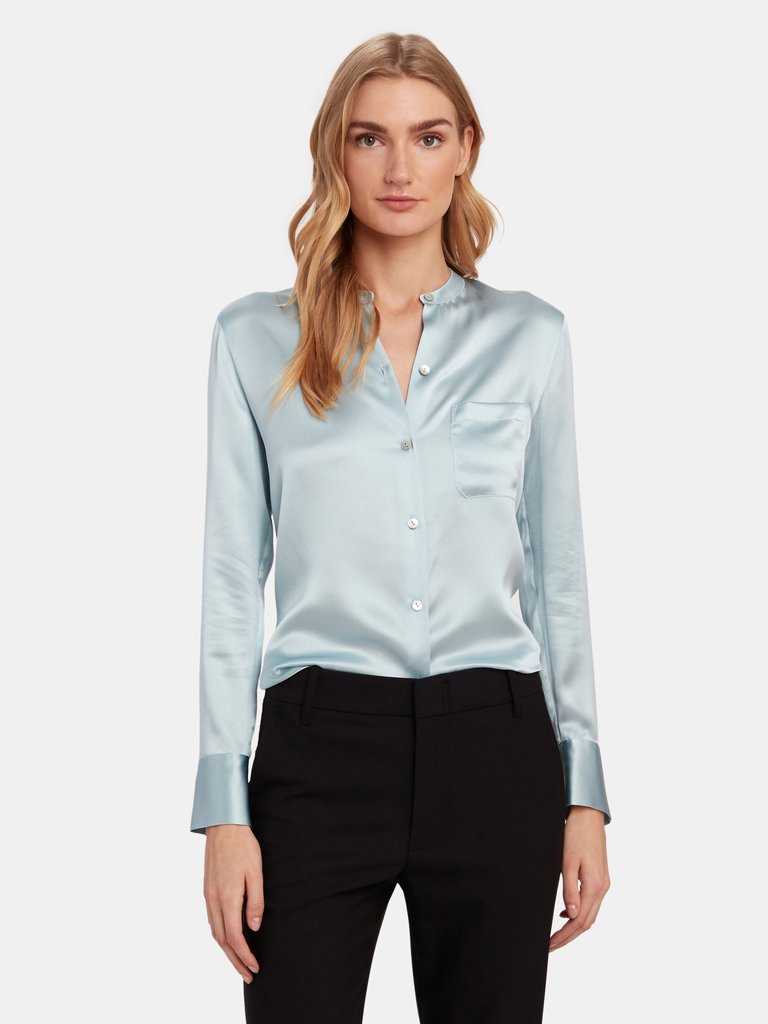 Slim Fit Band Collar Silk Blouse - Sky Lark