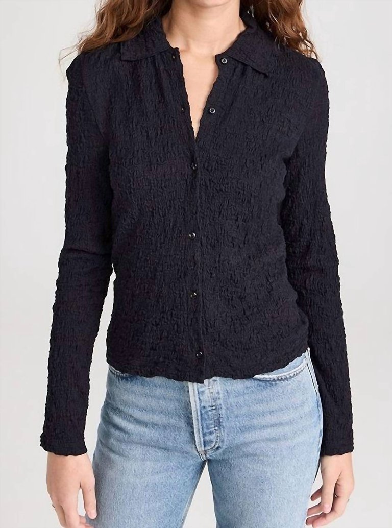 Smocked Long Sleeve Button Down Shirt - Black