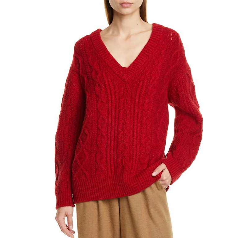 V Neck Cable Knit Sweater In Cherry - Cherry