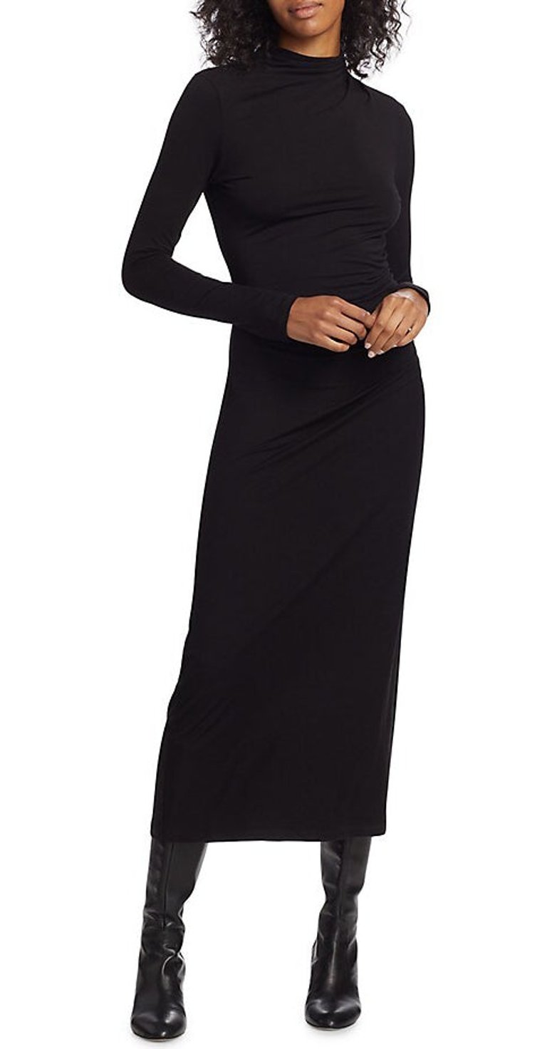 Women Long Sleeve Turtleneck Ruched Midi Bodycon Dress - Black