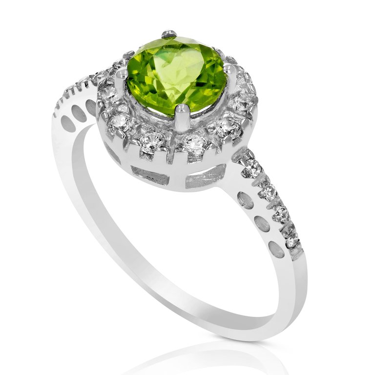 0.65 Cttw Peridot Ring .925 Sterling Silver With Rhodium Plating Halo Round 6 mm