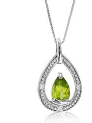 0.67 Cttw Pendant Necklace, Peridot And Diamond Pear Shape Pendant Necklace For Women In 18 Inch Chain, Prong Setting - Silver