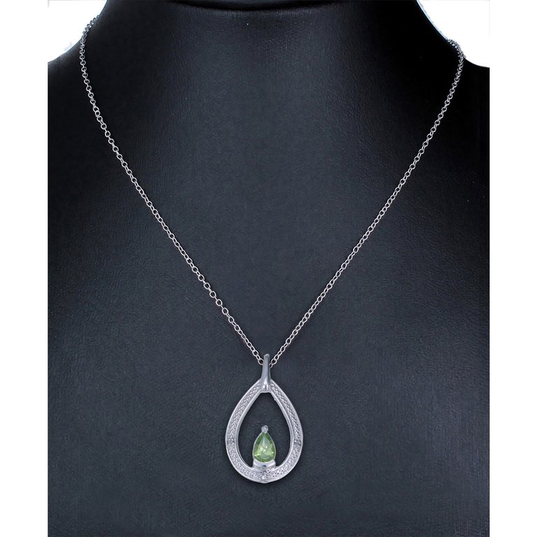0.67 Cttw Pendant Necklace, Peridot And Diamond Pear Shape Pendant Necklace For Women In 18 Inch Chain, Prong Setting