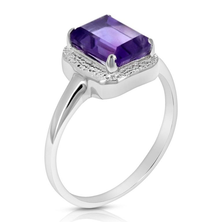 0.90 Cttw Purple Amethyst Ring .925 Sterling Silver With Rhodium Emerald 8 x 6 mm - Silver