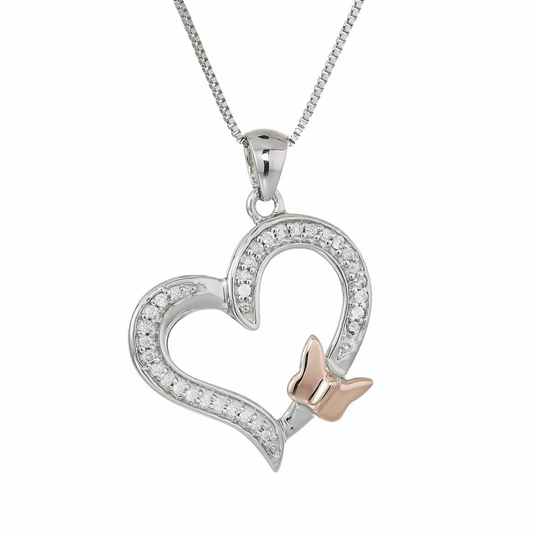 1/10 cttw Diamond Butterfly and Heart Pendant 14K White and Rose Gold with Chain - Silver