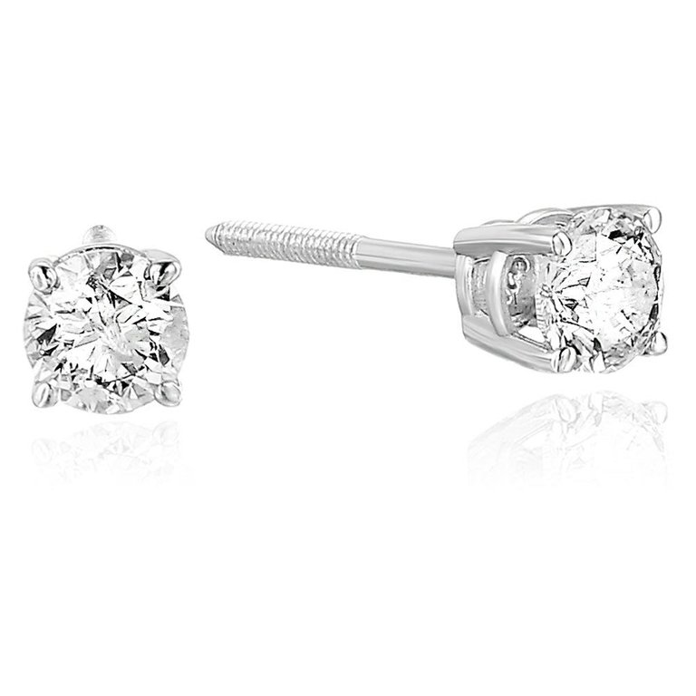 1/3 Cttw Diamond Stud Earrings 14K White Gold Round With Screw Backs 4 Prong - White Gold