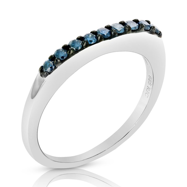 1/4 Cttw Blue Diamond Ring Wedding Band .925 Sterling Silver Prong Set Round - Silver