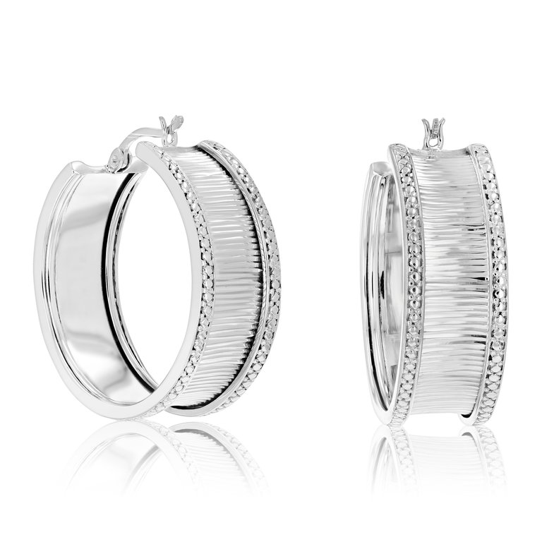 1/4 Cttw Diamond Hoop Earrings .925 Sterling Silver With Rhodium Plating 1" - Silver