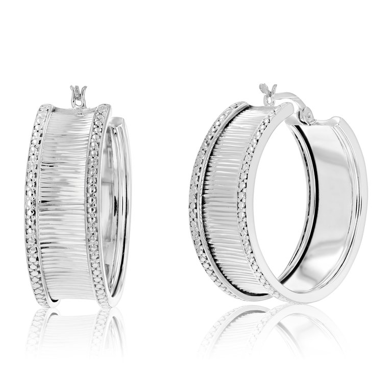 1/4 Cttw Diamond Hoop Earrings .925 Sterling Silver With Rhodium Plating 1"