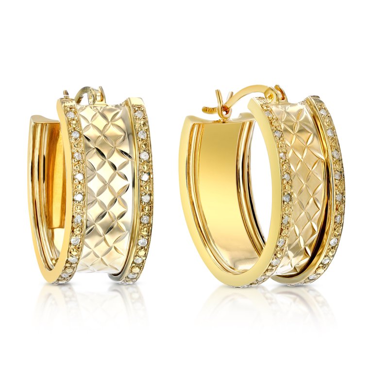 1/4 Cttw Diamond Hoop Earrings Yellow Gold Plated Over .925 Silver 1" Design - Yellow Gold