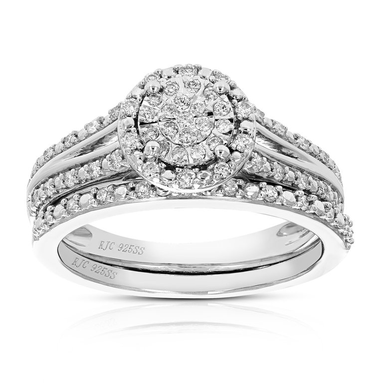 1/4 Cttw Wedding Engagement Ring Bridal Set, Round Lab Grown Diamond Ring For Women In .925 Sterling Silver, Prong Setting, Width 16MM - Silver