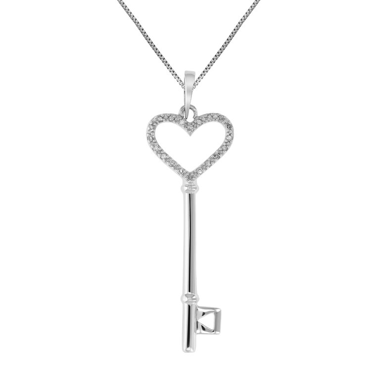 1/8 cttw Diamond Pendant, Diamond Heart And Key Pendant Necklace For Women In .925 Sterling Silver With Rhodium, 18" Chain, Prong Setting - Silver