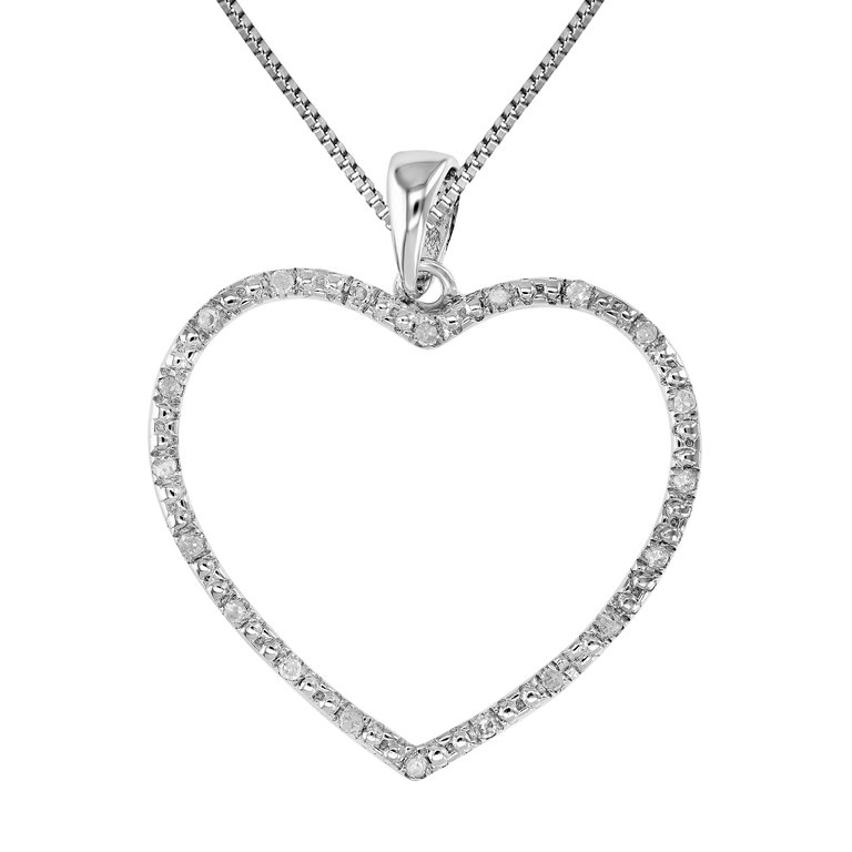 1/8 cttw Diamond Pendant, Diamond Heart Pendant Necklace For Women In .925 Sterling Silver With Rhodium, 18" Chain, Prong Setting - Silver