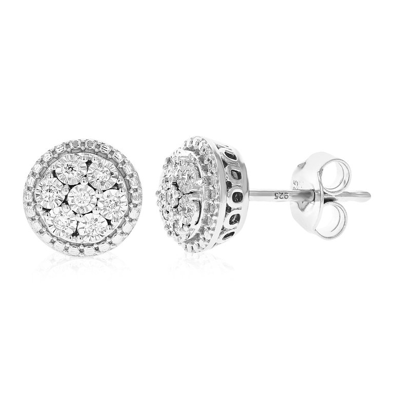 1/8 cttw Stud Earrings For Women, Round Lab Grown Diamond Stud Earrings In .925 Sterling Silver, Prong Setting - Diamonds: 14 - Silver