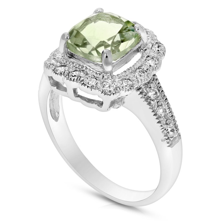 1 Cttw 7MM Green Amethyst Ring .925 Sterling Silver With Rhodium Cushion Cut