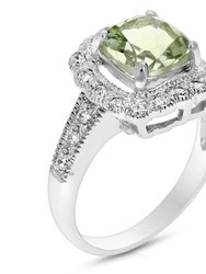 1 Cttw 7MM Green Amethyst Ring .925 Sterling Silver With Rhodium Cushion Cut - Silver