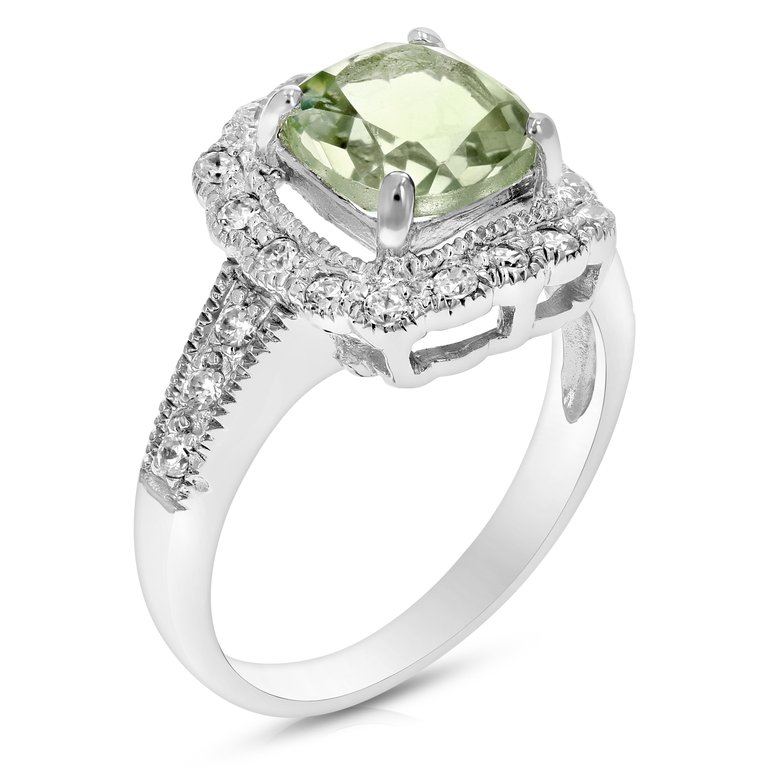 1 Cttw 7MM Green Amethyst Ring .925 Sterling Silver With Rhodium Cushion Cut - Silver