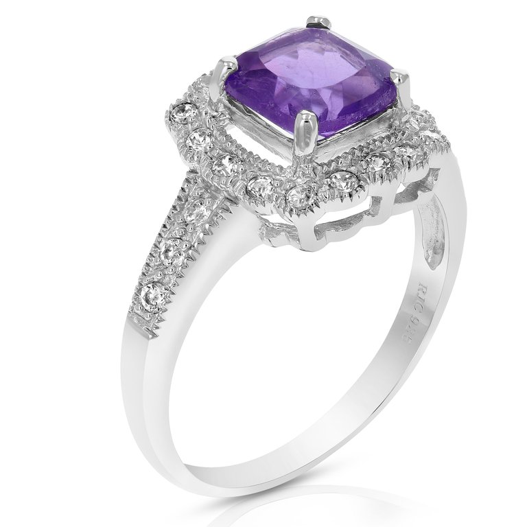 1.10 Cttw Cushion Cut Purple Amethyst Ring .925 Sterling Silver Rhodium 7 MM - Silver