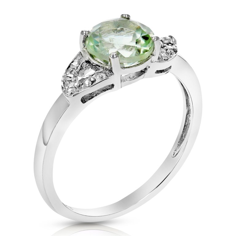 1.20 Cttw Green Amethyst Ring .925 Sterling Silver With Rhodium Round Shape 7 MM - Silver