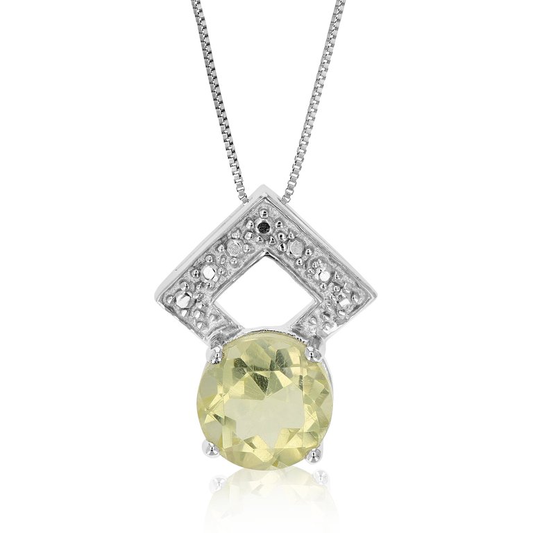 1.20 cttw Pendant Necklace, Lemon Quartz Pendant Necklace For Women In .925 Sterling Silver With Rhodium, 18" Chain, Prong Setting - 0.50" L x 0.40" W - Silver
