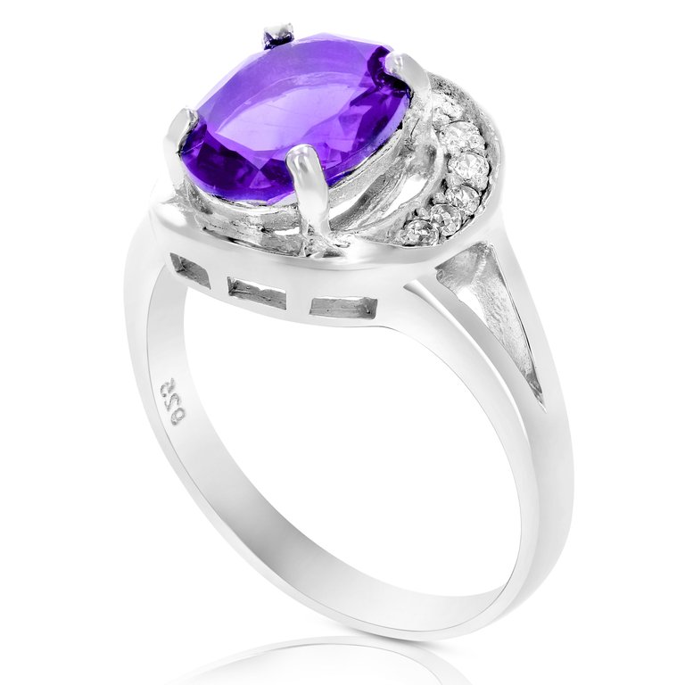 1.70 Cttw Purple Amethyst Ring .925 Sterling Silver Rhodium Halo Oval 9x7 MM