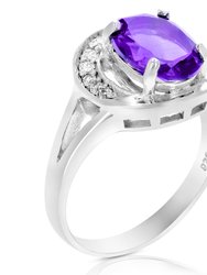 1.70 Cttw Purple Amethyst Ring .925 Sterling Silver Rhodium Halo Oval 9x7 MM - Silver