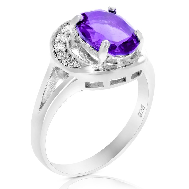 1.70 Cttw Purple Amethyst Ring .925 Sterling Silver Rhodium Halo Oval 9x7 MM - Silver