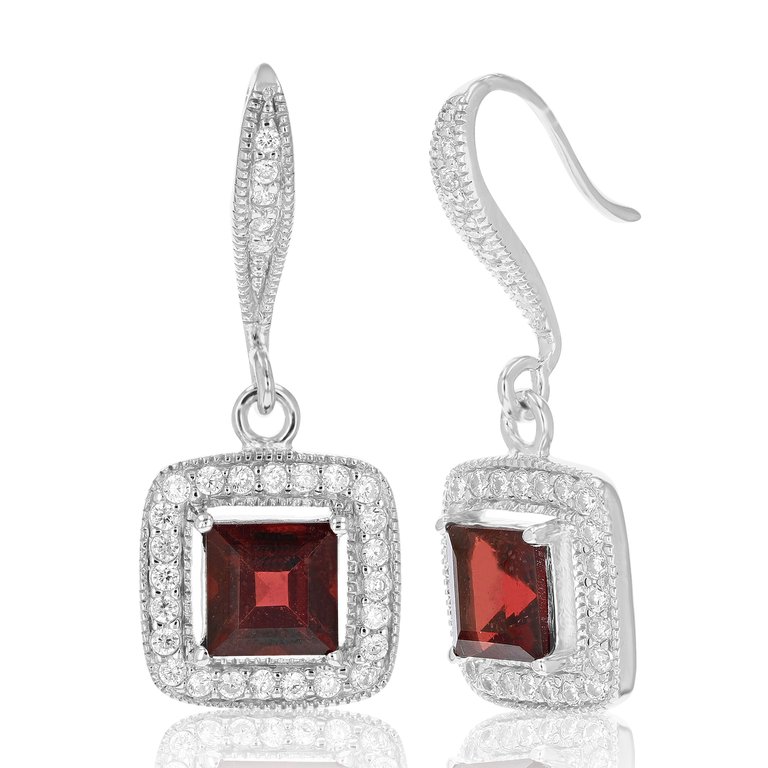1.80 Cttw Garnet Dangle Earrings .925 Sterling Silver With Rhodium 6 mm Princess - Silver