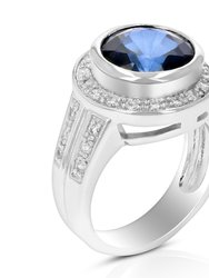 2 cttw Created Blue Sapphire Ring In Brass With Rhodium Plating Round 10 MM - Rhodium
