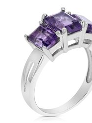 2.35 Cttw 3 Stone Purple Amethyst Ring .925 Sterling Silver Rhodium Emerald - Sterling Silver