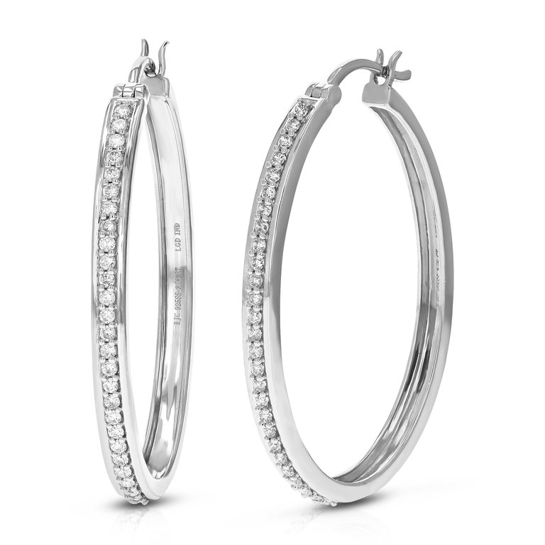 3/8 cttw Diamond Hoop Earrings For Women, Round Lab Grown Diamond Earrings In .925 Sterling Silver, Prong Setting, 3/4 Inch - Silver