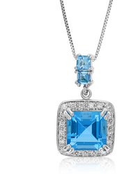 4.30 Cttw Pendant Necklace, Swiss Blue Topaz Pendant Necklace For Women In .925 Sterling Silver With Rhodium, 18" Chain, Prong Setting - Silver