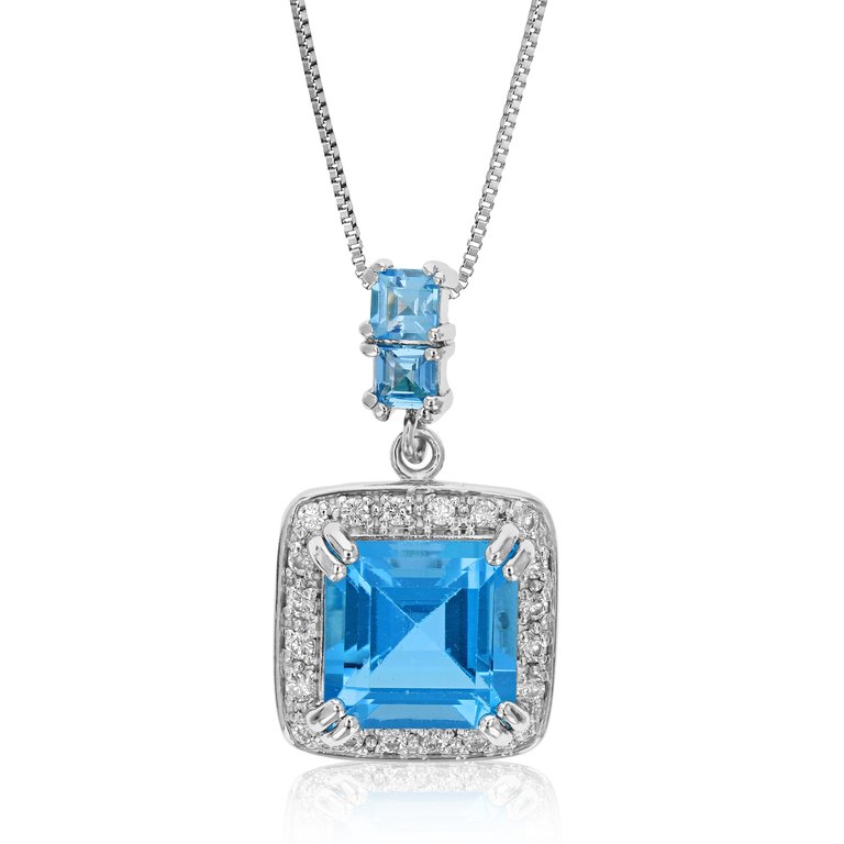 4.30 Cttw Pendant Necklace, Swiss Blue Topaz Pendant Necklace For Women In .925 Sterling Silver With Rhodium, 18" Chain, Prong Setting - Silver