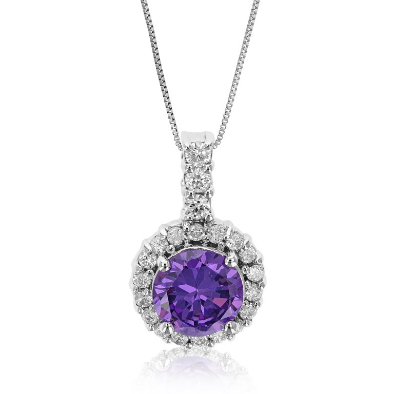 Pendant Necklace, Purple CZ Solitaire Pendant Necklace For Women In 0.925 Sterling Silver With 18" Chain - Silver