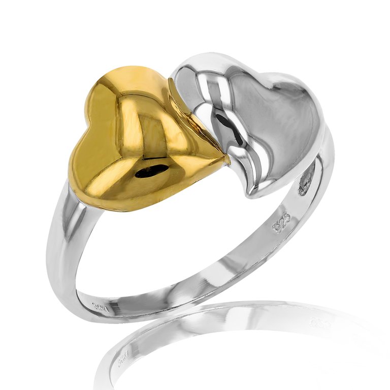 Two Hearts Fashion Ring In Yellow Gold Plated Over .925 Sterling Silver - Silver