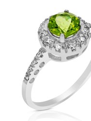 0.65 Cttw Peridot Ring .925 Sterling Silver With Rhodium Plating Halo Round 6 mm - Silver