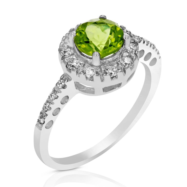 0.65 Cttw Peridot Ring .925 Sterling Silver With Rhodium Plating Halo Round 6 mm - Silver