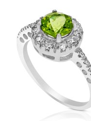 0.65 Cttw Peridot Ring .925 Sterling Silver With Rhodium Plating Halo Round 6 mm