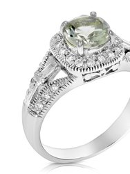 0.80 Cttw Green Amethyst Ring .925 Sterling Silver With Rhodium Halo Round 7 mm - Silver